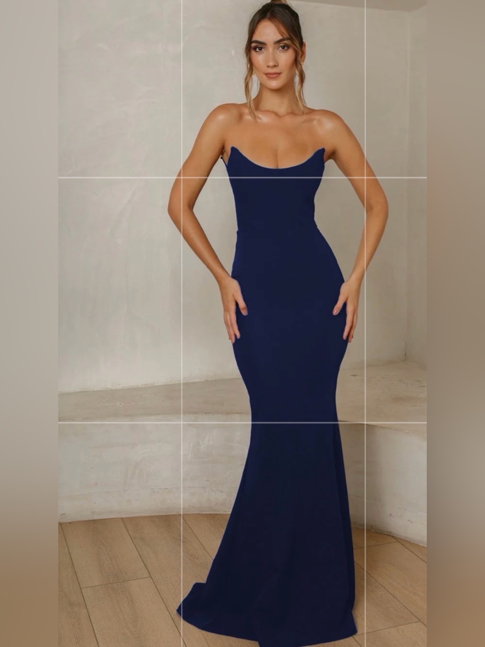 JAUS Celine Gown Navy Blue Strapless Peaked Neckline Mermaid Formal Gown NWT M